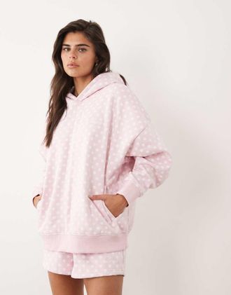 KAIIA Felpa con cappuccio oversize in misto cotone rosa confetto a pois con logo ricamato in coordinato-Blu