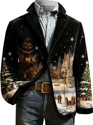 Generic Christmas Blazer for Men Corduroy Xmas Snowflake Santa Printed Regular Fit One Button Notched Lapel Sports Coats Plus Size Suit Jacket Lightweight Bla