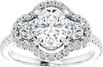 Pompeii3 1 3/4 Ct Three Stone Halo Diamond & Oval Moissanite Engagement Ring White Gold