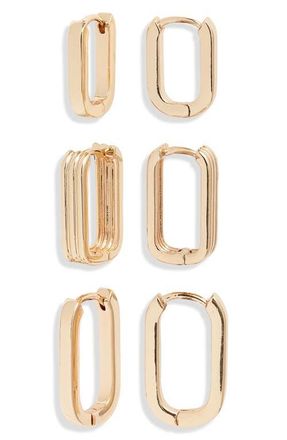 Open Edit Set of 3 Rectangle Huggie Hoop Earrings in Gold at Nordstrom