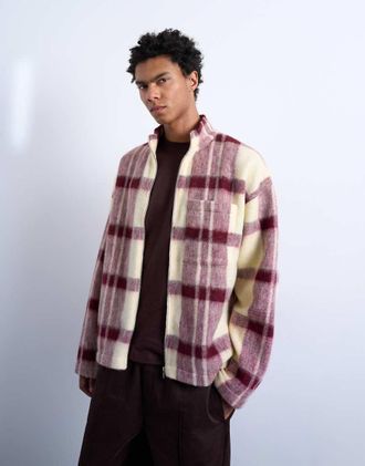 Topman Giacca in misto lana rossa a quadri spazzolata con collo a imbuto-Rosso