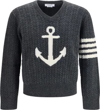 Thom Browne Jersey de Lana Merino con Motivo de Ancla de 4 Barras - Knitwear - Hombre - Gris - XL