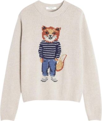 Maison Kitsun&eacute; Vos Intarsia Wol Jurk Trui - Dames - Ronde hals truien - Beige - L - Wol - Truien & Vesten
