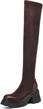 Generic Womens Retro Over The Knee Boots Elastic Suede Like Upper PU Leather Accents Chunky Nonslip Wear Resistant Sole Comfortable Platform Heel For Daily Ca