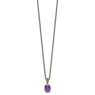 Diamond2Deal Sterling Silver with 14K Accent Diamond and Cushion Amethyst Pendant Necklace