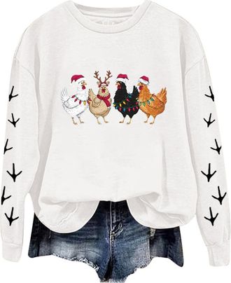 Generic Christmas Chicken Jumper WomenS Christmas Sweatshirts Funny Christmas Retro Print Crew Neck Sweatshirt Casual Long Sleeve Pullover Oversized Dressy Tr