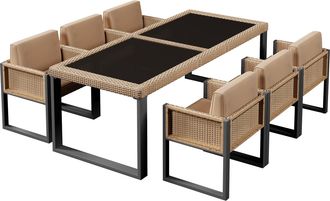 STILVORA Conjunto De Mesa Y Sillas De Jard&iacute;n Con 1 Mesa Y 6 Sillones, Respaldo Alto Y Cojines Desenfundables, Rat&aacute;n Y Tela, Marr&oacute;n