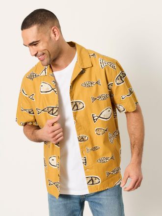 Fat Face FatFace Dark Yellow Short Sleeve Relaxed Fit Fish Print Shirt