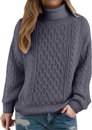 Generic Polo Neck Jumpers for Women UK Winter Warm Cable Knit Roll Neck Jumpers Turtleneck Knitted Jumper Holiday Pullover Sweaters Comfy Soft Crochet Sweater
