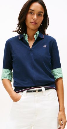 Tommy Hilfiger Poloshirt TOMMY HILFIGER TH SCRIPT LYOCELL ZIP SS POLO, Damen, Gr. XXL (44), schwarz night navy, Single Jersey, Obermaterial: 65% Lyocell, 32% Baumwol