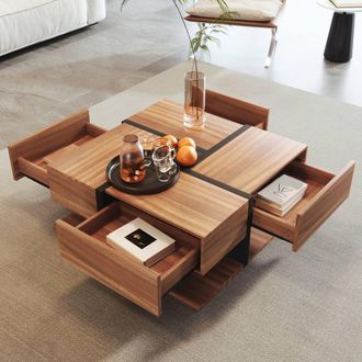 Merax Square Coffee Table with 4 Drawers & Storage Shelf in Natural