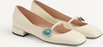 Valentino Garavani Ballerina Mary-Jane Preshoes In Capretto Con Bottone Gioiello 20Mm Donna AVORIO/CRYSTAL/TURCHESE 35.5