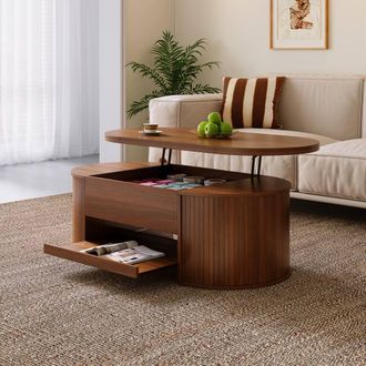Merax Oval 110cm Lift Top Coffee Table with Extendable Bottom Shelf in Walnut