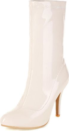 Generic Womens Elegant Patent Leather Stiletto Heel Mid-calf Boots with Pointed Toe,Slip-On Style,Beige,6.5 UK