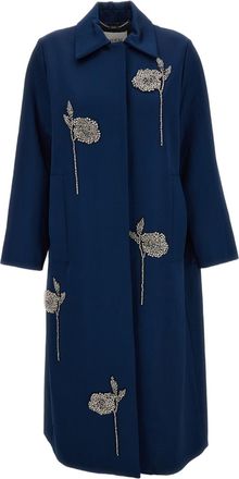 Erdem Navy Blue Embroidered Heavy Satin Cocoon Coat