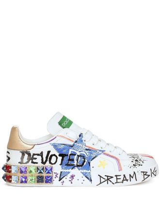 Dolce & Gabbana Portofino embellished sneakers - women - Rubber/CALFSKIN/Lambskin/Goat Skin/Polyester - 38.5 - White