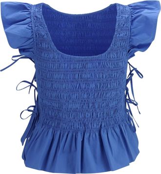 Ganni Womens Ruched Cotton Top With Side Bows Marina Cotton; Elastane