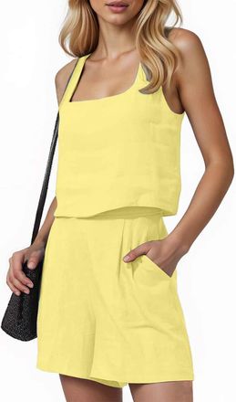 Generic Women Linen 2 Piece Short Sets Summer Cotton Sleeveless Outfits Matching Square Neck Crop Tank Top Elastic Waist Lounge Shorts with Pockets Vacation B