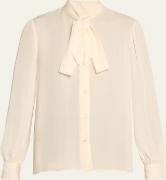 Nili Lotan Carina Button-Front Tie-Neck Silk Top