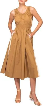 Melloday Embroidered Side Stripe Sleeveless Twill Midi Dress in Tan at Nordstrom Rack, Size X-Small