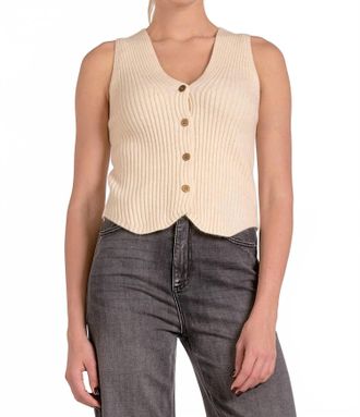 Elan Button Down Sweater Vest In Beige