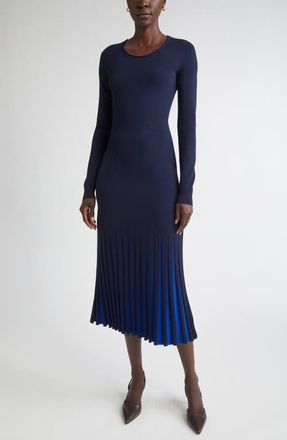St. John Pleated Hem Long Sleeve Sweater Dress in Navy/Cobalt at Nordstrom, Size X-Small