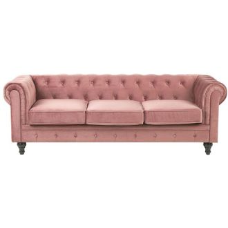 Beliani Sof&aacute; 3 Plazas Chesterfield Tapizado En Tela De Terciopelo Rosa Patas De Madera Oscura Estilo Contempor&aacute;neo Chesterfield