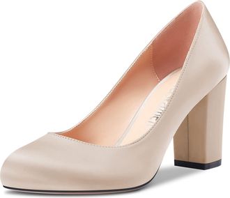 Castamere Women Chunky Block High Heel Round Toe Slip-on Pumps Court Shoe Wedding Party Dress 8 CM Heels Shoes Beige Satin 2.5 UK