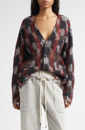 R13 Distressed Kid Mohair & Merino Wool Blend Boyfriend Cardigan in Red/Black/White at Nordstrom, Size Xx-Small