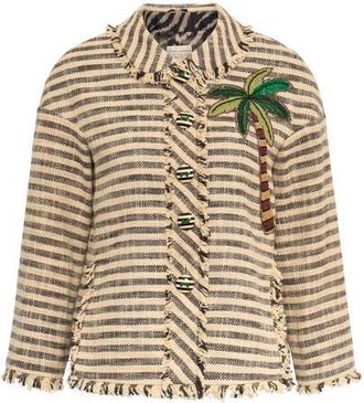 Maison Common Striped Jacket With Palm Tree Embroidery in Black/sand at Nordstrom, Size 44