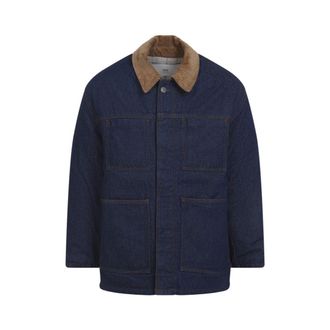 Ami Dark Denim Jacket With Brown Corduroy Collar