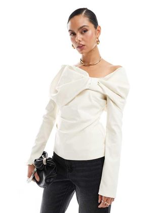 Pretty Lavish exaggerated bow top in cream-White
