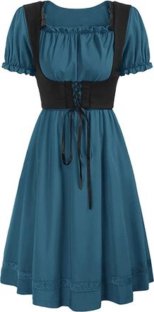 Generic Womens German Traditional Dirndl Oktoberfest Outfit Puff Short Sleeve Beer Girl Bavarian Costume Halloween Fancy Dress with Apron for Ladies