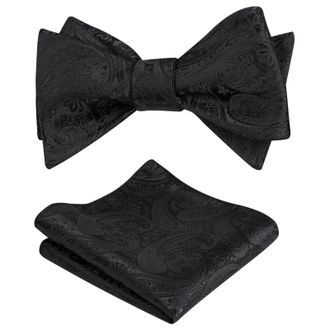 Alizeal Mens Self Tie Bow Ties and Pocket Square Paisley Jacquard Classic Hanky and Tie Set, Black