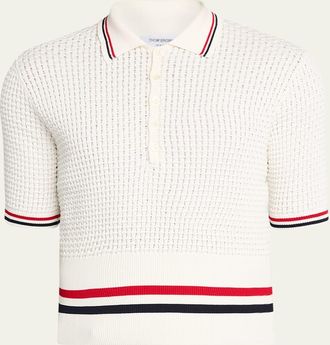 Thom Browne Mens Float Ripple Stitch RWB Stripe Polo Shirt