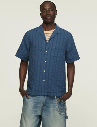 Lucky Brand Mens Seersucker Camp Collar Shirt
