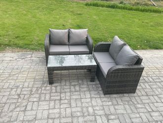 Fimous Outdoor Garden Furniture Sets Wicker Rattan Furniture Sofa Sets with Rectangular Coffee Table in Dark Grey