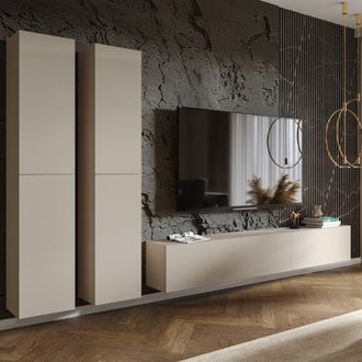 Dmora Pared Modular Haba, Mueble De Sal&oacute;n Ajustable, 6 Estantes, Apertura De Puertas, Beige