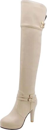 Generic Womens Knee Boots Platform Square Heel Party Club Ladies Shoes Round Toe Belt Buckle Zipper