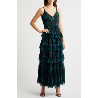 Hutch Freya Tulle Pliss&eacute; Ruffle Gown in Dark Blue Floral at Nordstrom, Size 2