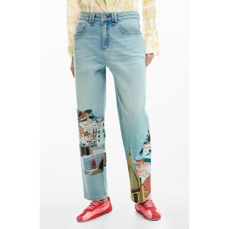 Desigual Graphic Print Ankle Taper Jeans in Medium Blue at Nordstrom, Size 36