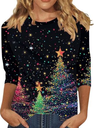 Generic Christmas Jumpers for Women UK 3/4 Sleeve Xmas Tree Printed Sweatshirt xmas jumpers for women uk Casual Crewneck Pullover Loose christmas Blouse xmas 