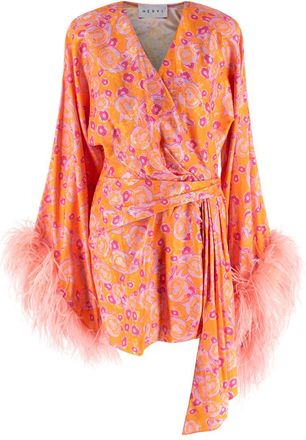 Nervi Orange Nami Wrap Mini Dress with Feather Trim Size S