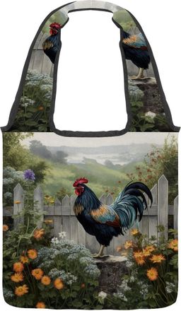 Generic Farm Rooster Flowers Reversible Canvas Shoulder Tote - Double-Sided Print, 12oz Cotton, 27cm Drop, Fold-Flat Bag for Travel, Shopping, Street Outings