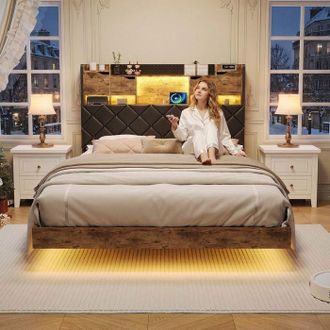 OEM Estructura De Cama - Cama Flotante 140x190 - Led Y Puerto Usb - Somier De Lamas Incluido - Pu Negro Y Madera