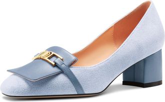 Castamere Womens Chunky Block Mid Heel Square Toe Slip-on Metal Chain Pumps Court Shoe Wedding Prom Dress 5 CM Heels Light Blue 5.5 UK