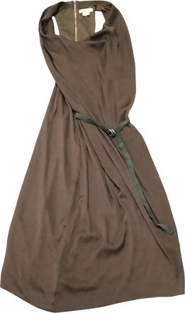 Helmut Lang Asymmetric Belted Crepe Dress in Brown Polyester