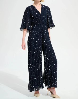 Joseph Ribkoff Polka Dot Pleated Chiffon Jumpsuit In Midnight Blue