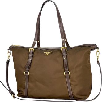 Prada Brown Nylon Leather Shoulder Bag Tote Bag (Pre-Owned)