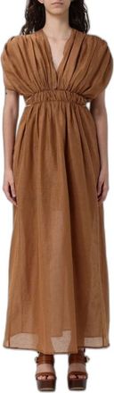 120% Lino Maxi-jurk met geplooide V-hals - Dames - Jurken - Bruin - Maat: L Katoen